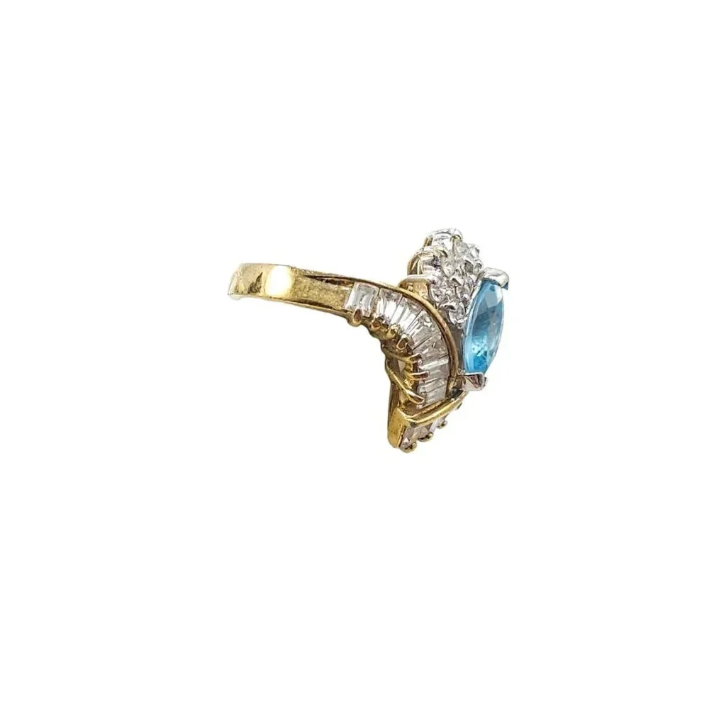 925 Sterling Silver Vermeil Marquise Blue Topaz Crystal Cocktail Ring Size 7